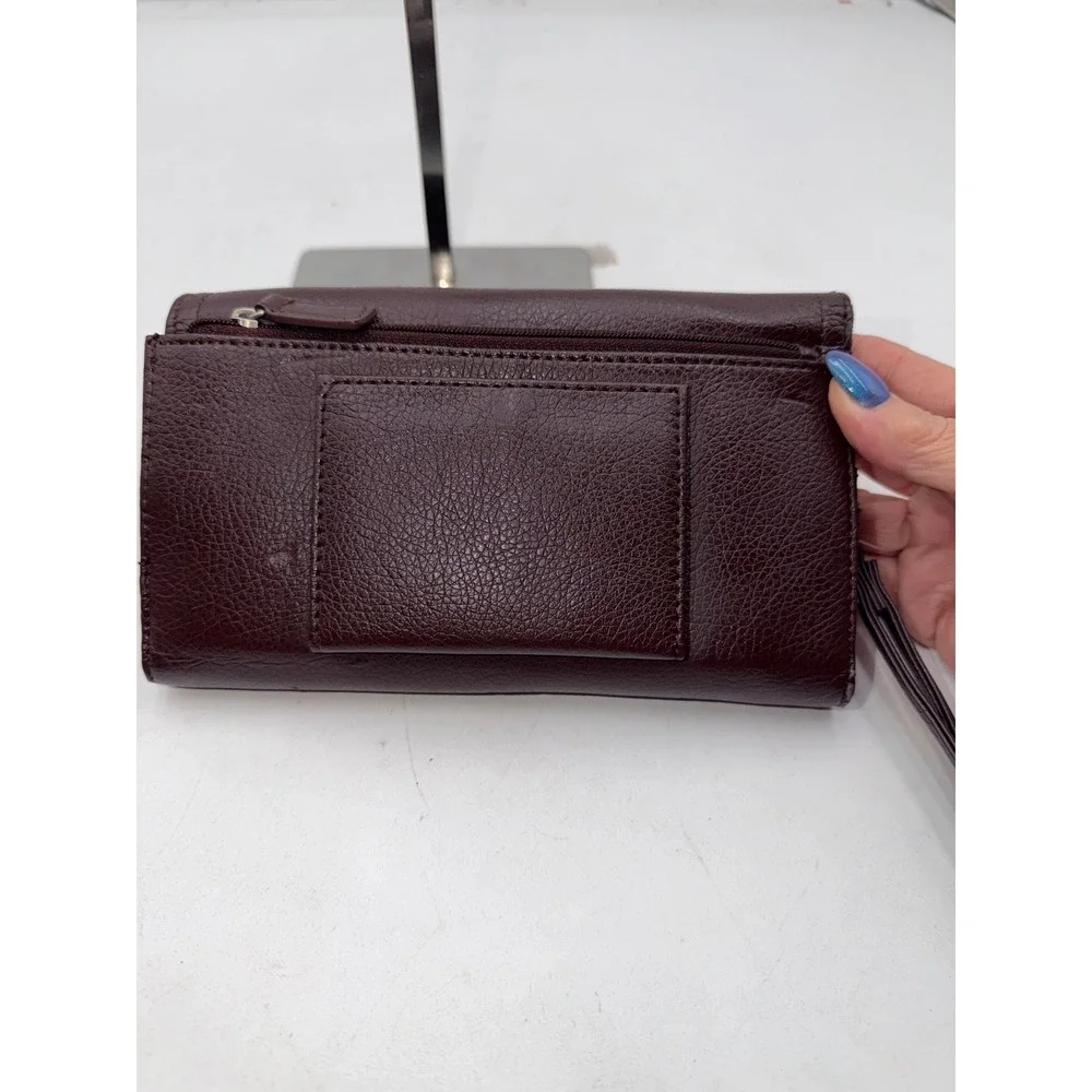 Rosetti Burgundy Pebbled Faux Leather Trifold Wristlet Wallet Leopard Pouch
